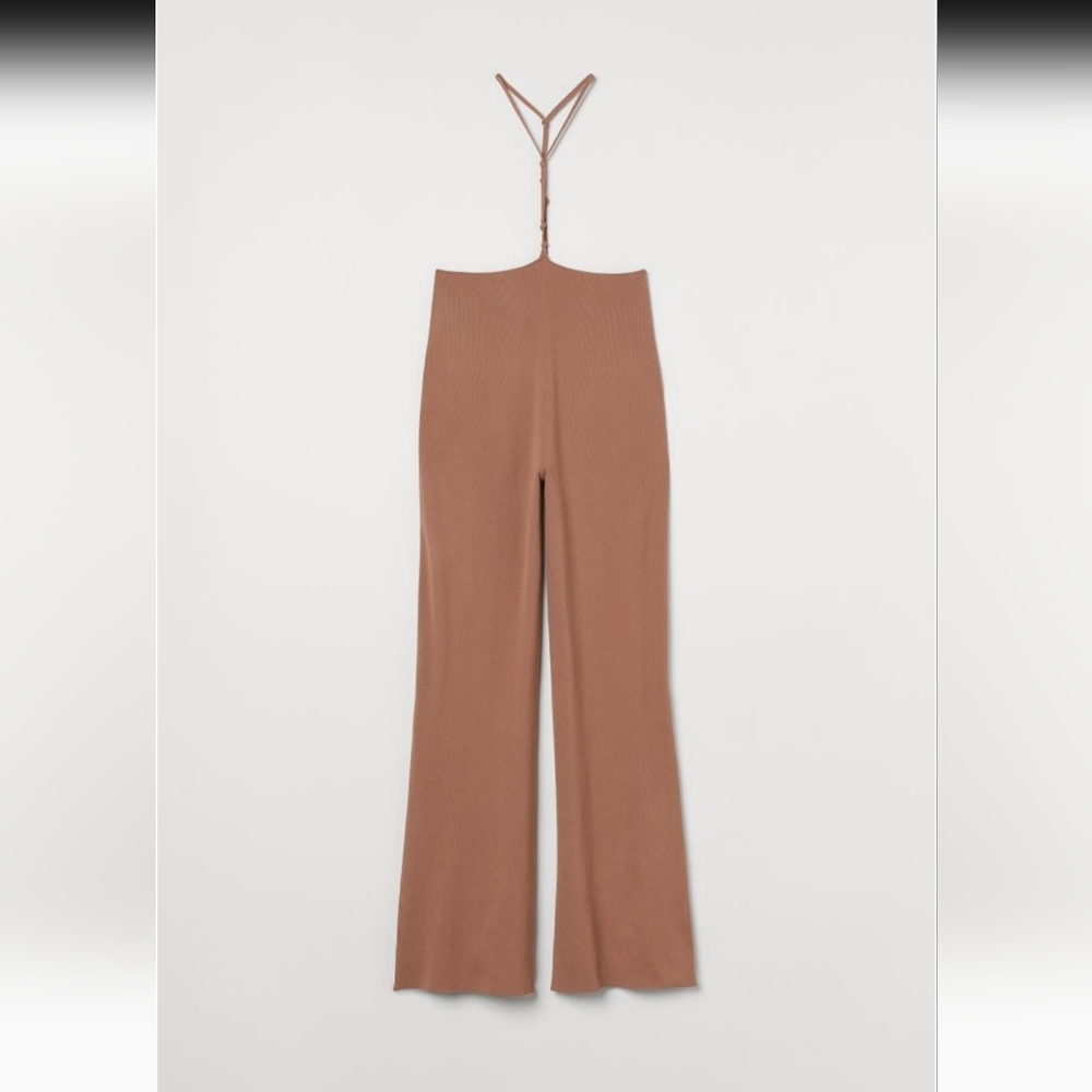 H&M Pants with Suspender Straps High Waist Flare Leg Brown Tan Size L Casual